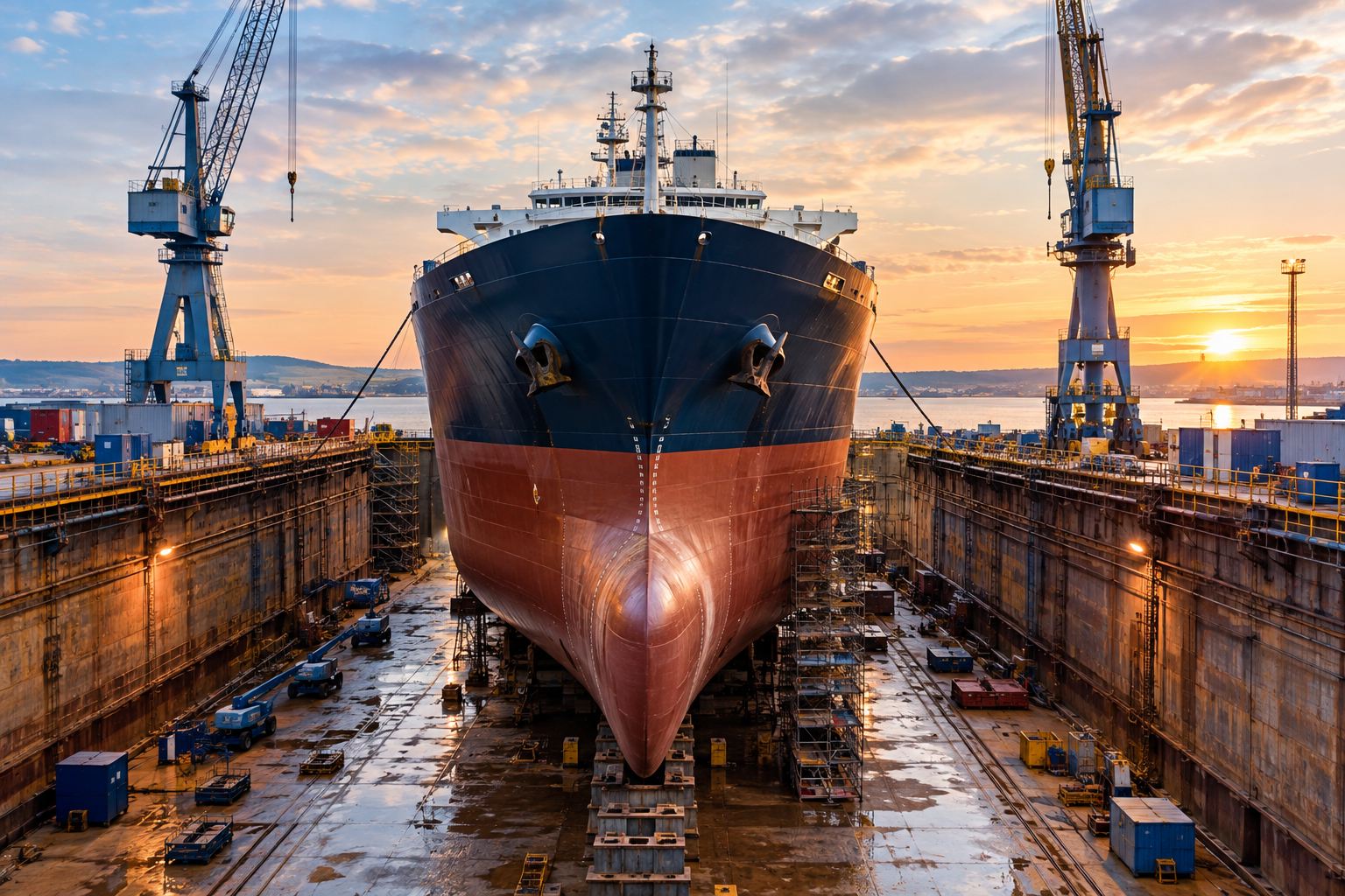 A cargo ship in dry dock at sunset, with cranes on both sides.