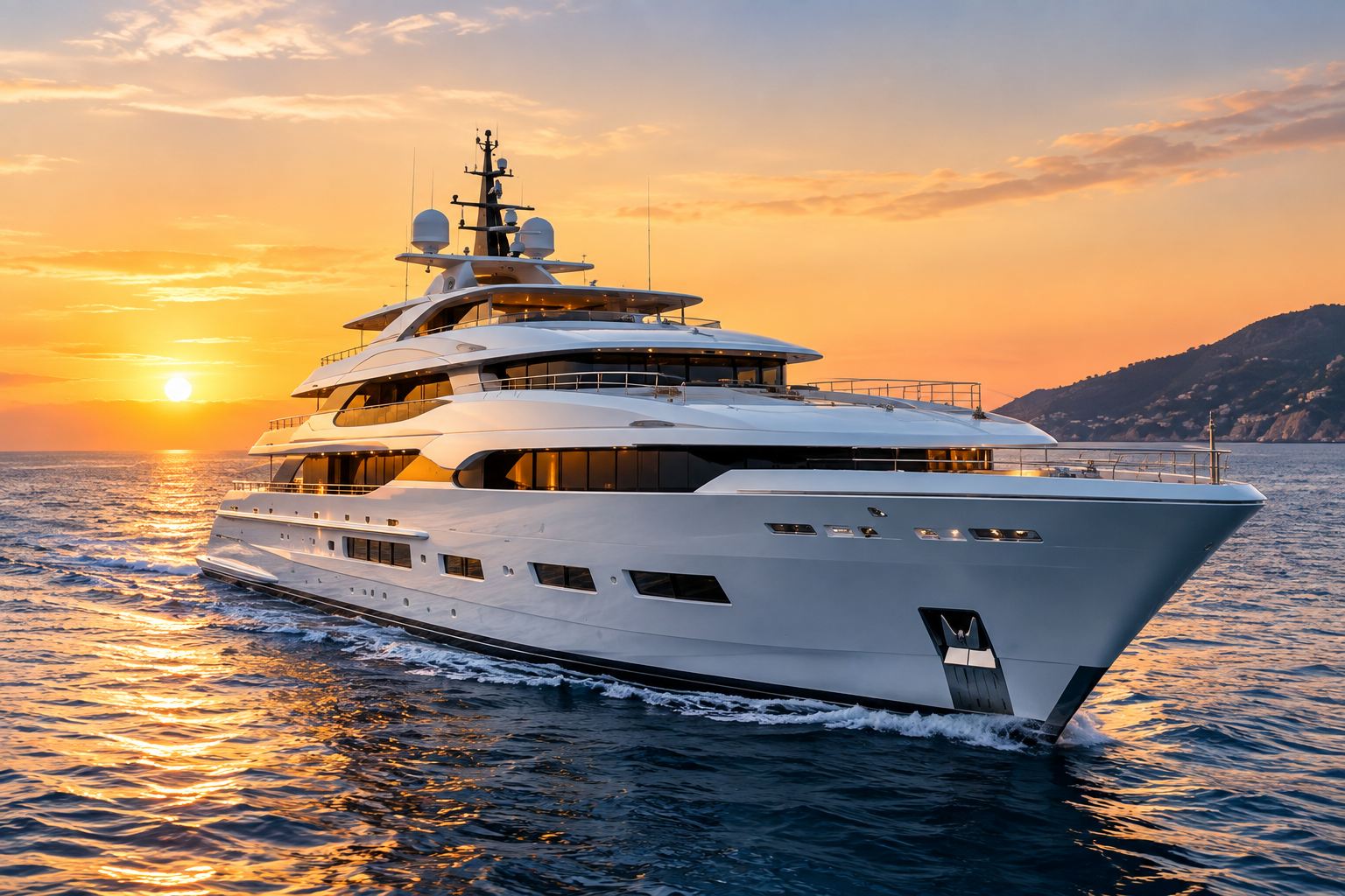 A white superyacht under way along a coastline at sunset.